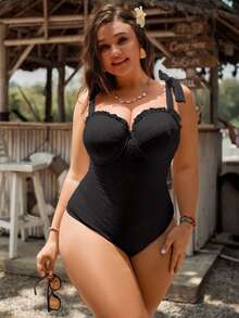 SHEIN Swim Plus Size Women 1pc Solid Color Ruffled Elegant Shelf Bra One-Piece Swimsuit, Fashion Casual Holiday Wear For Summer Beach Vacation - Black - View 4