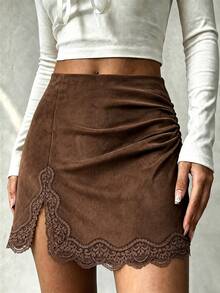 Trelyra Women High Waist Ruched Suede Mini Skirt With Lace Trim Fall Winter Brown Elegant Skirt For Party Going Out Wear Renaissance Outfit Country Style - Brown - View 2