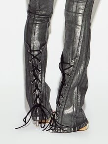 SUMWON WOMEN Metallic Coated Dark Wash Bootcut Jeans With Lace-Up Side Detail And Metal Eyelets Low Rise Full Length Flared Denim Pants - Black - View 3