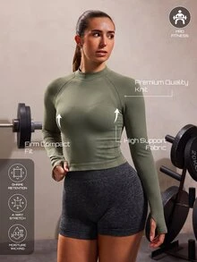 Solea Cove Solid Color Stand Collar Long Sleeve Women's Fitness Yoga Running Top With Thumb Holes - Army Green - View 4