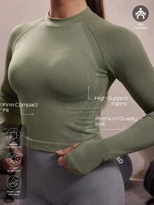 Solea Cove Solid Color Stand Collar Long Sleeve Women's Fitness Yoga Running Top With Thumb Holes - Army Green - View 1