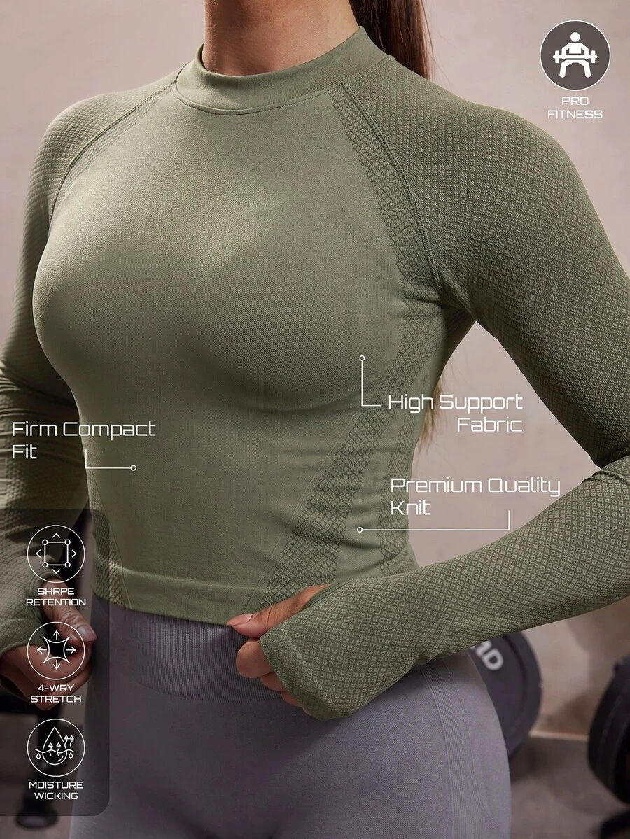 Solea Cove Solid Color Stand Collar Long Sleeve Women's Fitness Yoga Running Top With Thumb Holes - Army Green - View 1