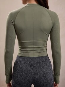 Solea Cove Solid Color Stand Collar Long Sleeve Women's Fitness Yoga Running Top With Thumb Holes - Army Green - View 2