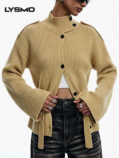 LYSMO Women's Solid Color Waist Knot Casual Versatile Daily Wear Cardigan