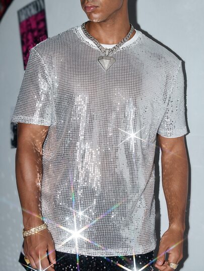 HIMLAND Men's Sequin Short Sleeve T-Shirt For Bar And Music Festival Halloween Winter Party Autumn