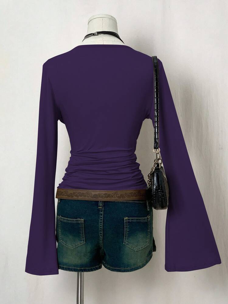 Bitrose Women's Solid Color Minimalist Waist Cinched Long Sleeve T-Shirt, Everyday Wear - Purple - View 7