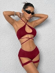 SHEIN ICON 女款交叉掛脖鏤空背心上衣與超低腰短褲內搭褲 2 件套棋盤格圖案 - 酒紅色 - 查看 5