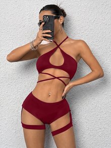 SHEIN ICON 女款交叉掛脖鏤空背心上衣與超低腰短褲內搭褲 2 件套棋盤格圖案 - 酒紅色 - 查看 3