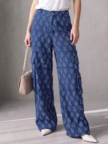 Rouah Women's Textured Cargo Pocket Straight Leg Loose Fit Pants - Autumn Pants, Fall Pants, Textured Pants For Autumn, Wide Leg Pant, Wide Leg Texture Trouser For Autumn - Blue - View 7
