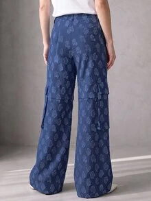 Rouah Women's Textured Cargo Pocket Straight Leg Loose Fit Pants - Autumn Pants, Fall Pants, Textured Pants For Autumn, Wide Leg Pant, Wide Leg Texture Trouser For Autumn - Blue - View 2