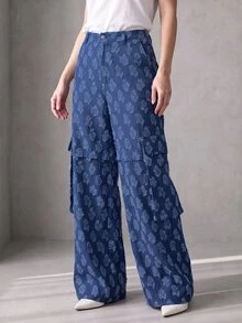 Rouah Women's Textured Cargo Pocket Straight Leg Loose Fit Pants - Autumn Pants, Fall Pants, Textured Pants For Autumn, Wide Leg Pant, Wide Leg Texture Trouser For Autumn - Blue - View 6