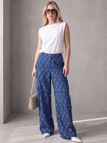 Rouah Women's Textured Cargo Pocket Straight Leg Loose Fit Pants - Autumn Pants, Fall Pants, Textured Pants For Autumn, Wide Leg Pant, Wide Leg Texture Trouser For Autumn - Blue - View 8