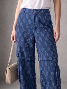 Rouah Women's Textured Cargo Pocket Straight Leg Loose Fit Pants - Autumn Pants, Fall Pants, Textured Pants For Autumn, Wide Leg Pant, Wide Leg Texture Trouser For Autumn - Blue - View 4