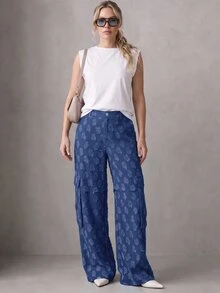 Rouah Women's Textured Cargo Pocket Straight Leg Loose Fit Pants - Autumn Pants, Fall Pants, Textured Pants For Autumn, Wide Leg Pant, Wide Leg Texture Trouser For Autumn - Blue - View 3