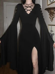 Glisette Women's Slim Fit High Elasticity High Slit Tie-Up Ruffle Sleeve Black Robe, Suitable For Party, Holiday, Women's Long Robe Thin Outerwear - Black - View 6