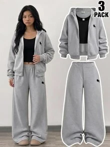 SHEIN Girlism Kids Tween Girls Grey Graphic Striped Embroidery Zipper Hooded 3 Pieces Pullover Winter Sweatshirt Sweatshirt Sweatpants Tracksuit Set Cozy Fall - Grey - View 1