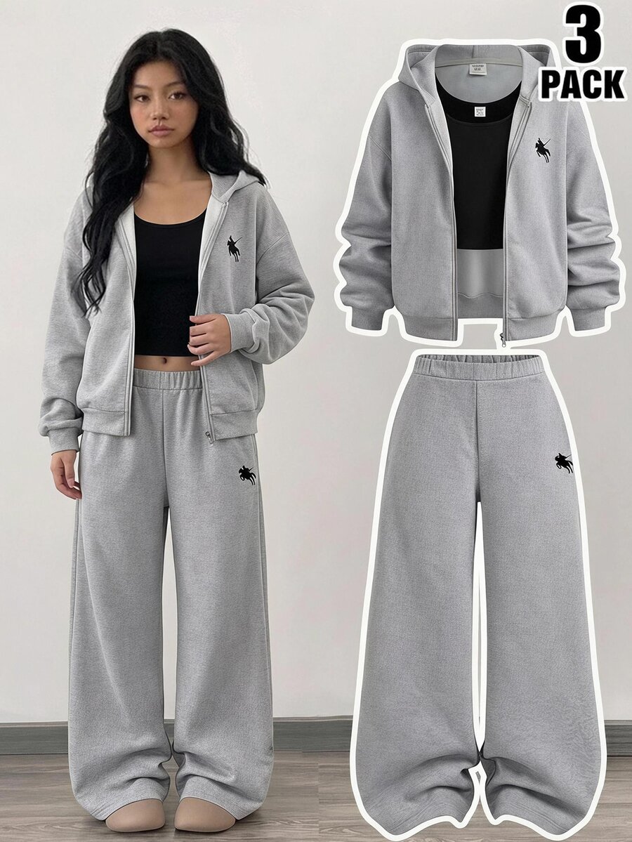 SHEIN Girlism Kids Tween Girls Grey Graphic Striped Embroidery Zipper Hooded 3 Pieces Pullover Winter Sweatshirt Sweatshirt Sweatpants Tracksuit Set Cozy Fall - Grey - View 1