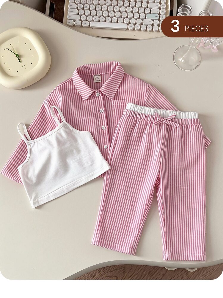 3pcs Baby Girl Set: Striped Shirt, Elastic Waist Pants, And Camisole, Spring/Summer - Pink - View 1