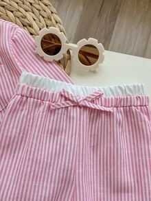 SHEIN 3 件套女婴套装：条纹衬衫、松紧腰裤和吊带背心，春夏 - 粉色 - 查看 4