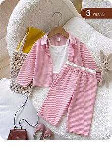 SHEIN 3 件套女婴套装：条纹衬衫、松紧腰裤和吊带背心，春夏 - 粉色 - 查看 8