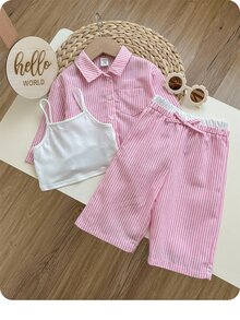 SHEIN 3 件套女婴套装：条纹衬衫、松紧腰裤和吊带背心，春夏 - 粉色 - 查看 7