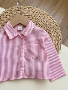 SHEIN 3 件套女婴套装：条纹衬衫、松紧腰裤和吊带背心，春夏 - 粉色 - 查看 3