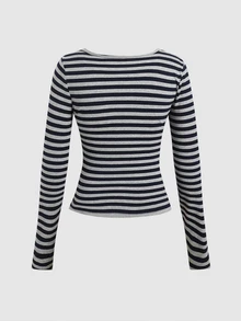 Teen Girl Teen Girl Casual Scoop Neck Long Sleeve Striped Lace Decor Tee Shirt Autumn Winter,1 Random Piece From 3 Designs - Black - View 4