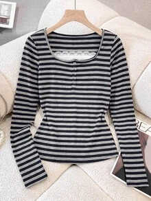 Teen Girl Teen Girl Casual Scoop Neck Long Sleeve Striped Lace Decor Tee Shirt Autumn Winter,1 Random Piece From 3 Designs - Black - View 9