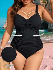 SHEIN Swim Basics 大尺寸純色褶皺設計連身泳衣 - 黑色 - 查看 2