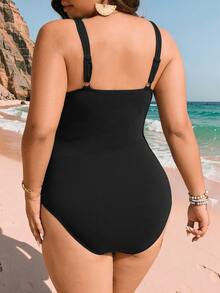 SHEIN Swim Basics 大尺寸純色褶皺設計連身泳衣 - 黑色 - 查看 3