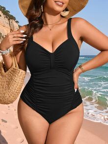 SHEIN Swim Basics 大尺寸純色褶皺設計連身泳衣 - 黑色 - 查看 6