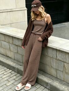 少女棕色格紋三件套：開襟衫、配套背心與長褲，返校季家庭秋季可愛 80 年代風 - 咖啡棕 - 查看 8