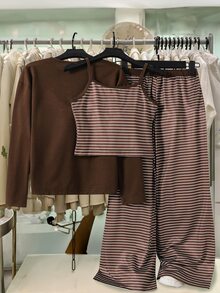 少女棕色格紋三件套：開襟衫、配套背心與長褲，返校季家庭秋季可愛 80 年代風 - 咖啡棕 - 查看 2