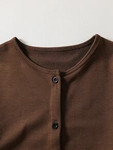 少女棕色格紋三件套：開襟衫、配套背心與長褲，返校季家庭秋季可愛 80 年代風 - 咖啡棕 - 查看 6