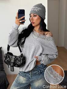 Coolane 女款秋冬休閒性感極簡復古學院風外出時尚對比蕾絲灰色露肩寬鬆長袖衛衣秋季服飾 - 灰色 - 查看 5