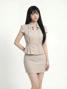 SHEIN ICON Plaid Double-Breasted Shirt Bodycon Skirt 2 Pieces Set For Women Teachers' Day Back-To-School Office Brown And White Summer Preppy Retro Elegant - Brown - View 2