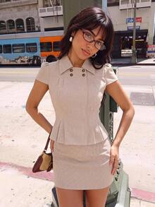 SHEIN ICON Plaid Double-Breasted Shirt Bodycon Skirt 2 Pieces Set For Women Teachers' Day Back-To-School Office Brown And White Summer Preppy Retro Elegant - Brown - View 6