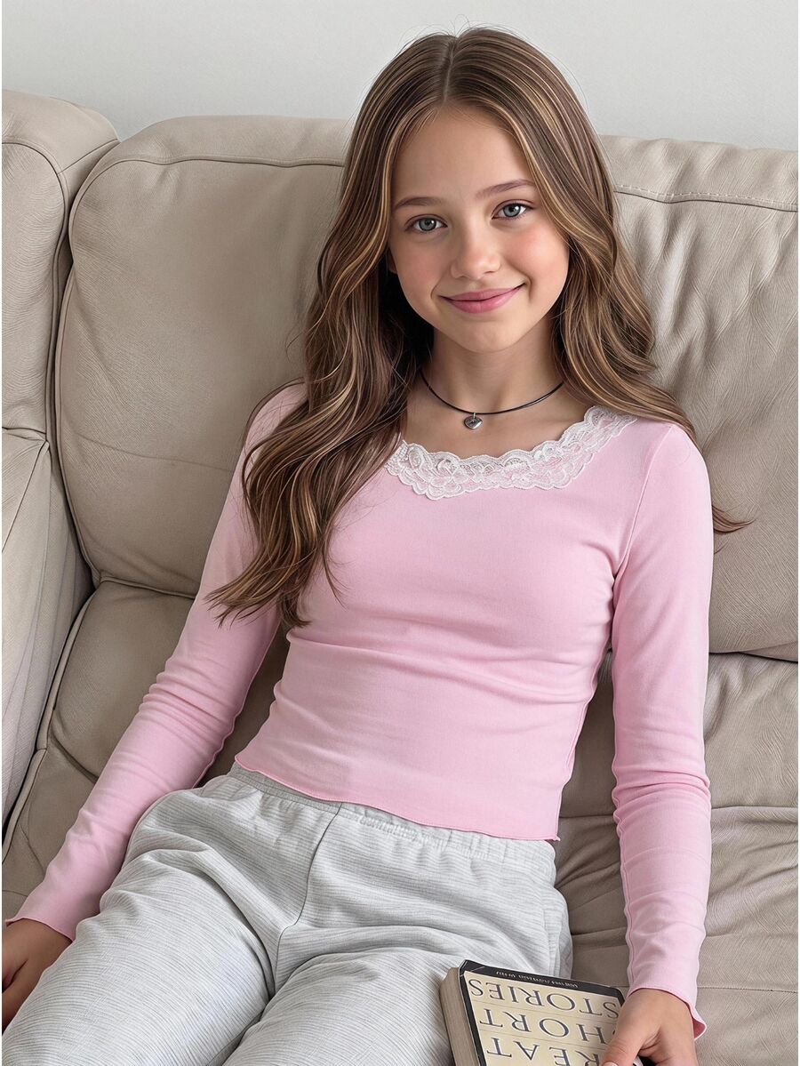 SHEIN Kids Tween Girls Pink Pearls Contrast Mesh Lace Scoop Neck Crop Long Sleeve T-Shirt Basic Slim Fit Spring Fall Top - Pink - View 1