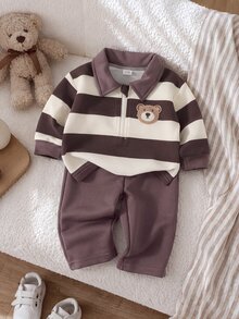 SHEIN Playful Pals 2件組嬰兒男童幼兒運動衫+長褲套裝，可愛棕色條紋熊貼布拉鍊長袖翻領，生日派對秋季假期聖誕適用 - 咖啡棕 - 查看 6