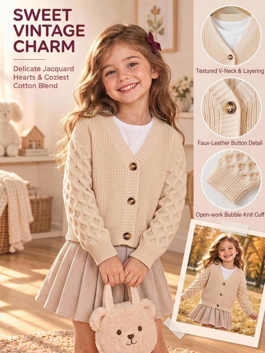 Genkimix Kids New Fashion Versatile Girls' Commuter Minimalist Small V-Neck Brown Cardigan - Apricot - View 1