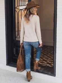 LanaWest European & American Bohemian Round Neck Hollow Geometric Lace Long Sleeve Knit Sweater Women Lace Trim Patchwork Soft Fluffy Ribbed Layering Western Vacation Style Knit T-Shirt - Apricot - View 3