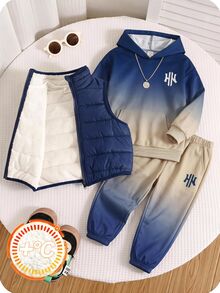 SHEIN 2pcs Kids Tween Boy Casual Daily Versatile Comfortable Gradient Print Pattern Hoodie Loose Pullover Long Sleeve Sweatshirt And Jogger Pants Knit Sweatshirt Set 2 Pieces - Black - View 4
