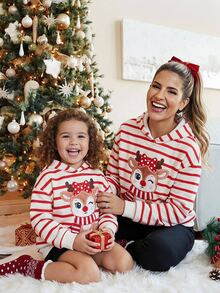 SHEIN Kids Young Girls Sweatshirts Christmas Reindeer Stripe Bow Pattern Print Thick Crew Neck Long Sleeve Autumn Sweatshirt Family Matching - Red and White - View 1