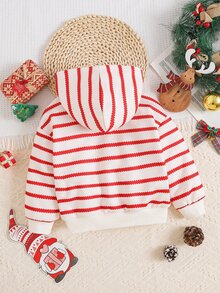 SHEIN Kids Young Girls Sweatshirts Christmas Reindeer Stripe Bow Pattern Print Thick Crew Neck Long Sleeve Autumn Sweatshirt Family Matching - Red and White - View 3
