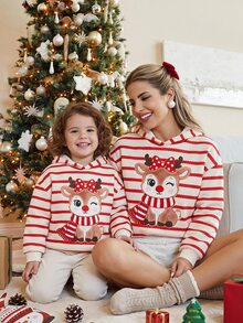 SHEIN Kids Young Girls Sweatshirts Christmas Reindeer Stripe Bow Pattern Print Thick Crew Neck Long Sleeve Autumn Sweatshirt Family Matching - Red and White - View 8