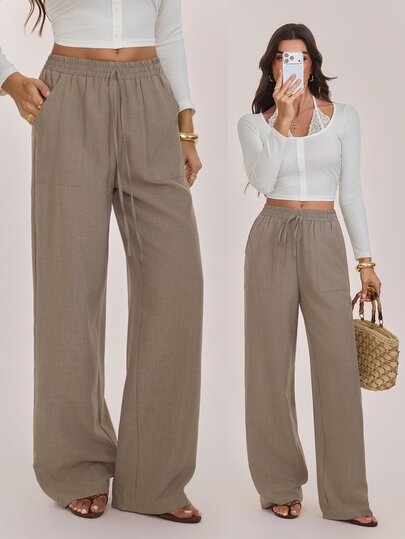 SHEIN Tall Damskie luźne długie spodnie w stylu casual business boho, modne wakacyjne spodnie plażowe w jasnym beżu; odpowiednie na plażowe wakacje, letnie stylizacje i okazje business casual