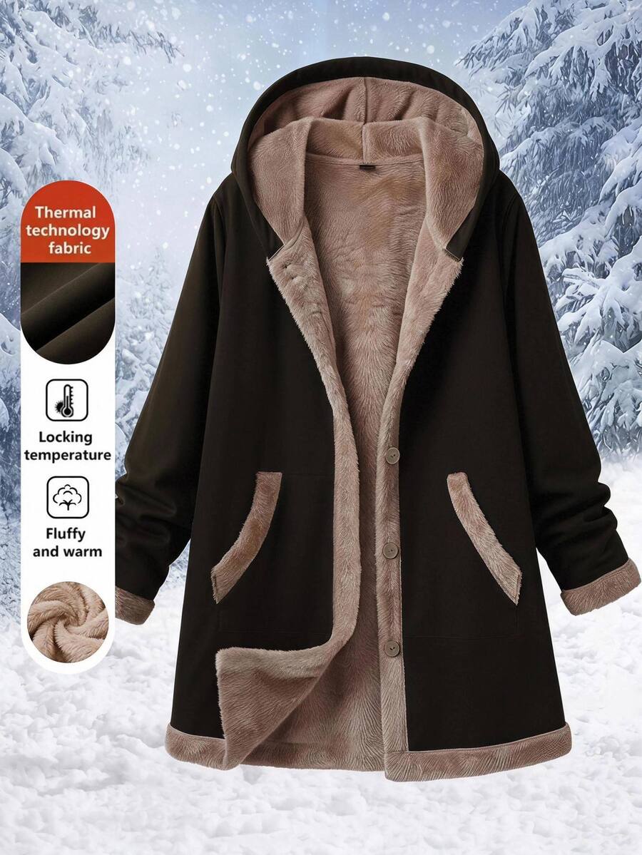 SHEIN Clasi Plus Size Long Thermal Lined Hooded Jacket - Black - View 1