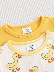SHEIN 男嬰女嬰可愛小黃鴨圖案修身居家服套裝 4件組 - 彩色 - 查看 5