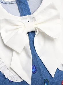 SHEIN 兒童青少年女孩優雅牛仔效果水鑽印花拼色白色大領長袖洋裝 - 藍色 - 查看 8