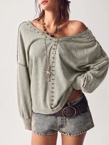 Bohemela BOHO Retro 80s And 90s 70s Casual Solid Color Rivet Knit V-Neck Long Sleeve Loose Washed Women Sweatshirt In Autumn Concert Everyday Travel Dusty Rose - Apricot - View 6